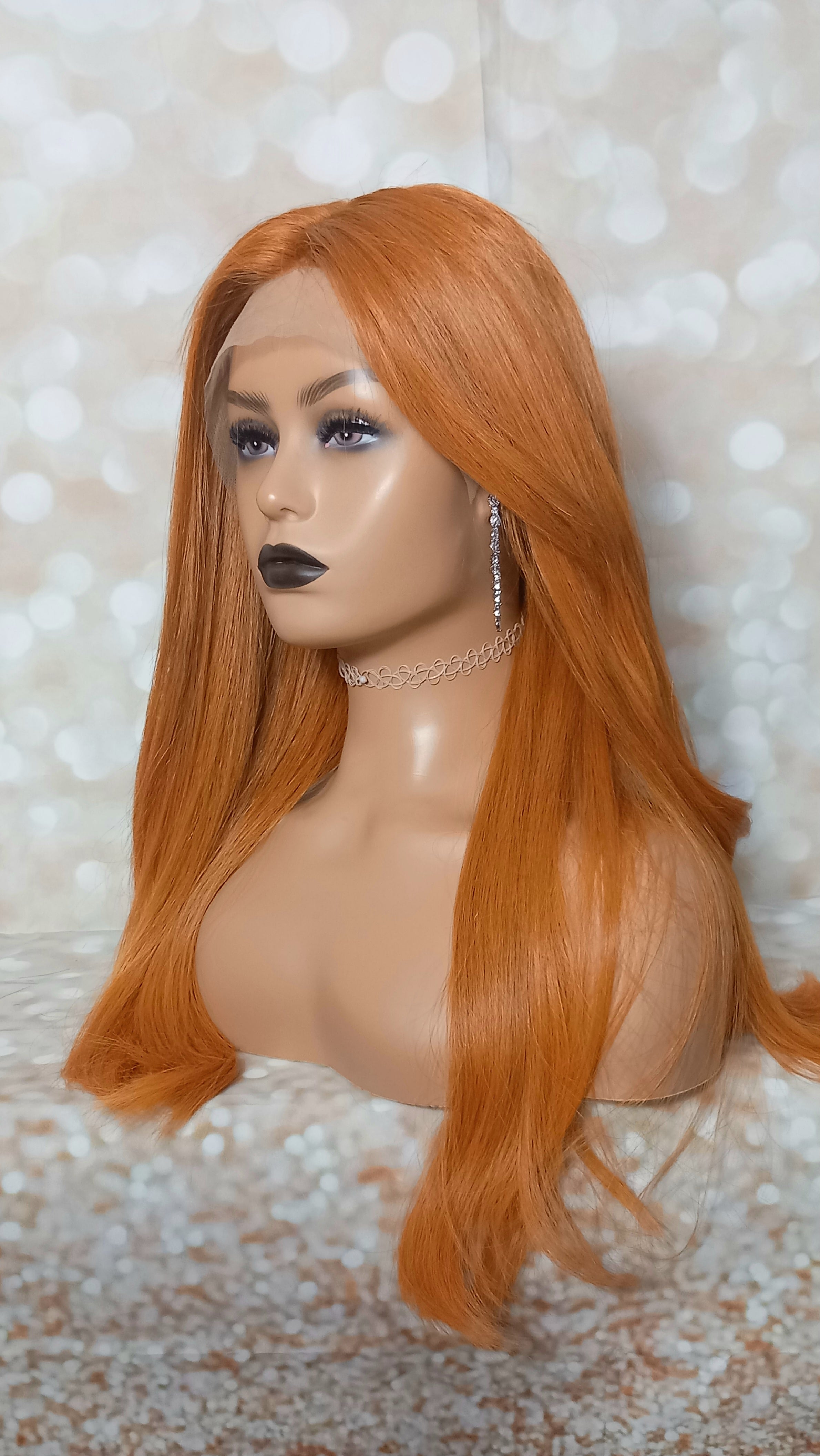 Clearance - Ready to ship -Copper dream human hair lace top wig with mini lace front medium cap, 18 inches long, 200 density, with fringe, without fringe option