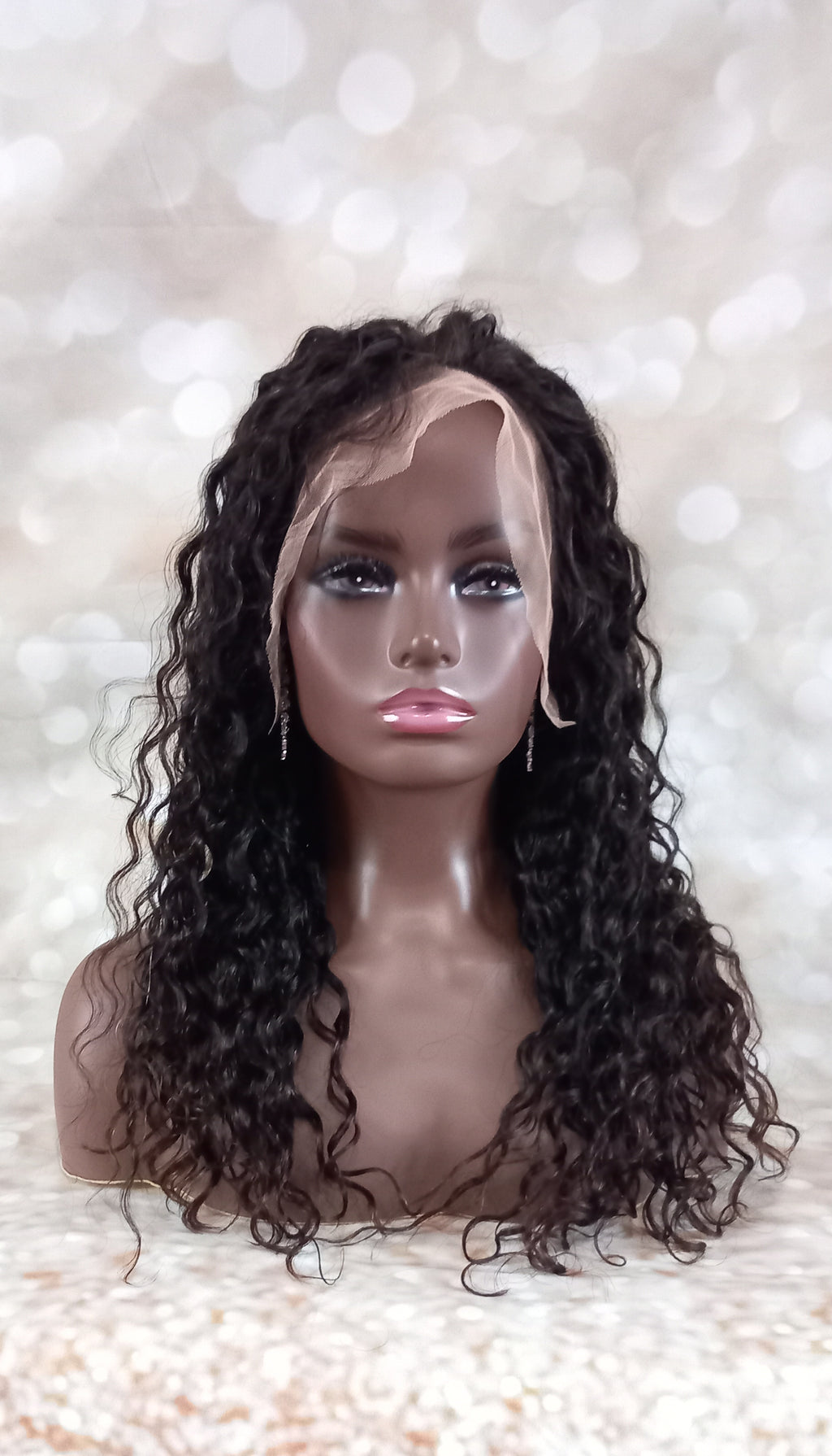 Perruque de cheveux humains, vague d'eau sur le devant en dentelle. Couleur naturelle noir, Medium