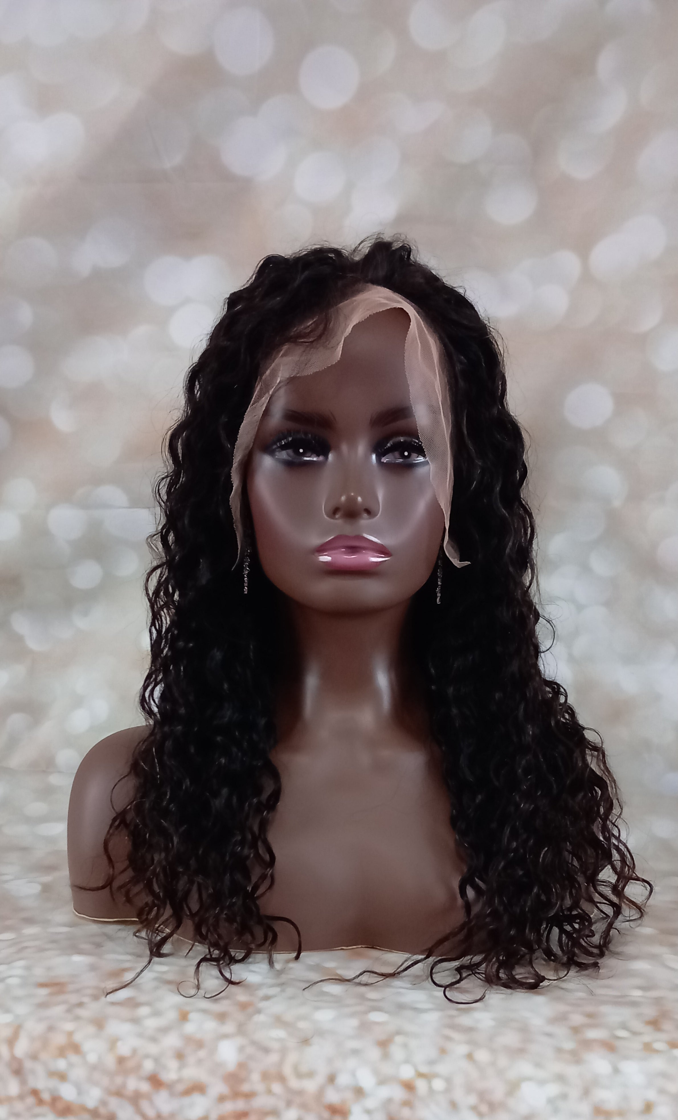 Perruque de cheveux humains, vague d'eau sur le devant en dentelle. Couleur naturelle noir, Medium