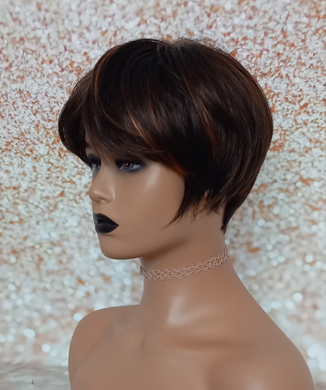 Ready to ship- dark brown copper flash Fibre pixie wig, synthetic, fringe, bangs