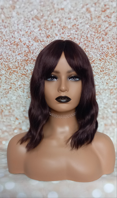 Ready to ship- darkest brown wave bob Fibre wig, synthetic, fringe, bangs