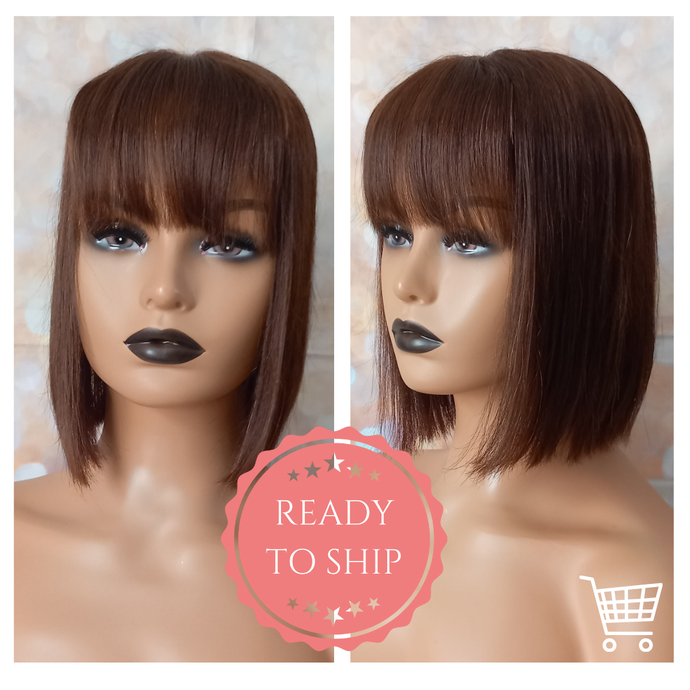 Ready to ship- Silk base topper, human Remy hair, #4 dark brown, bob, 9 inches long, fringe/ bangs