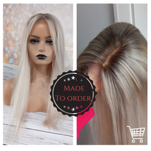 Load image into Gallery viewer, Silk base topper, virgin human hair, 60/90 lightest blonde, ice blonde, light root, 12/14/16/18 inch