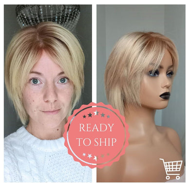 Silk base human hair wig, short layered bob, golden blonde with light Auburn root