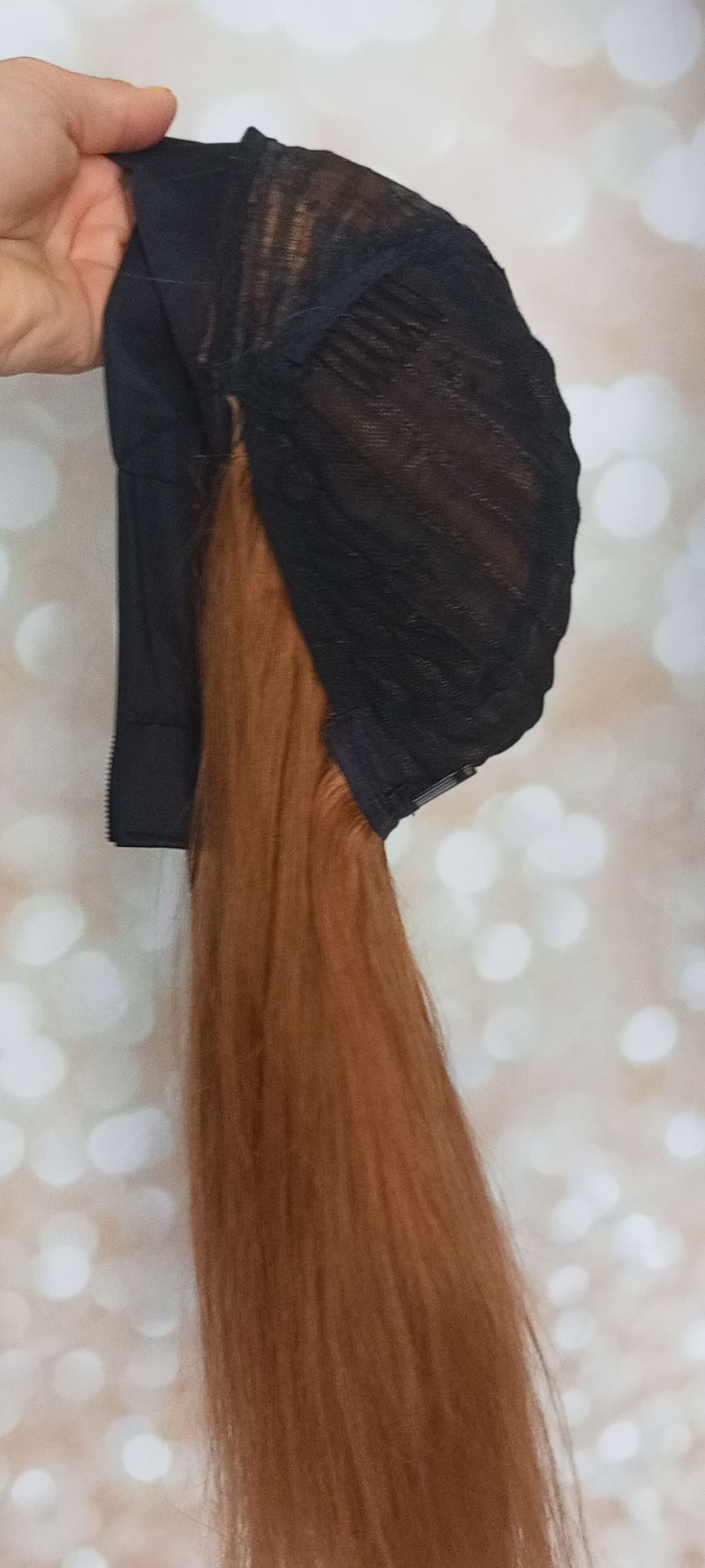 Ready to ship- Khloe Human hair headband wig, band fall, auburn brown, 16 inches long, straight