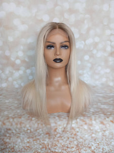 Ready to ship -Human hair wig, lightest blonde, light root, lace closure, medium cap, 18 inches long