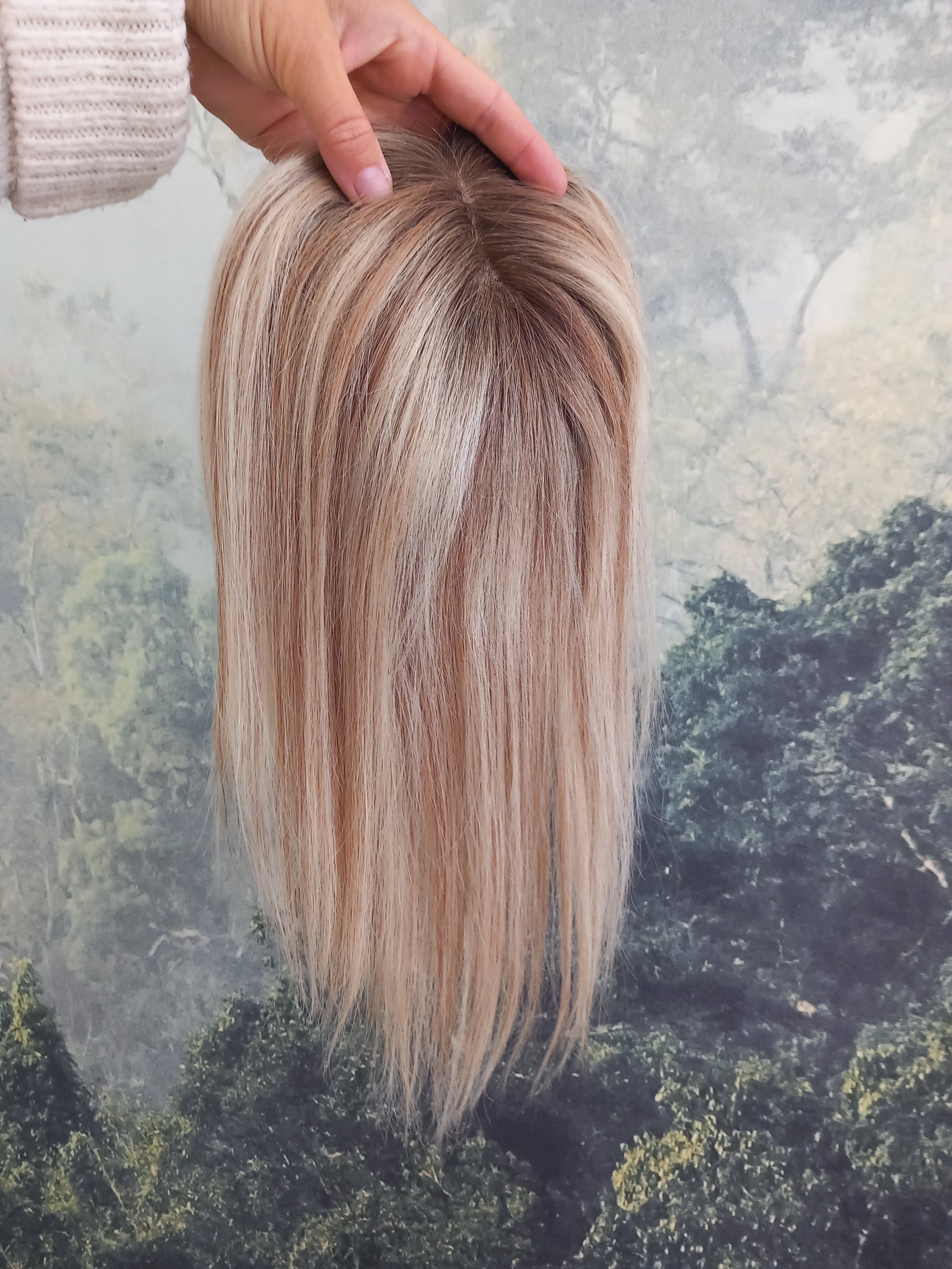 Ready to ship- Mila silk base human hair topper, 12 inches long, light blonde/ medium brown with root