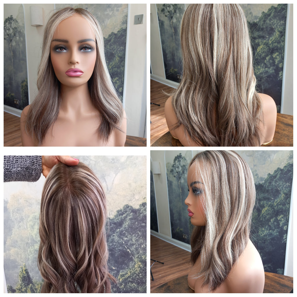 Ready to ship - Callie human hair topper, lace and weft base, lace front, 14 inches long, 613/22/4 medium root- ash and smoke