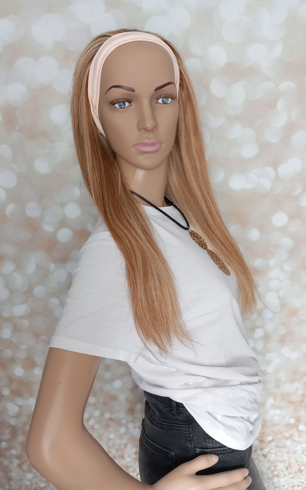 Ready to ship- Khloe Human hair headband wig, band fall, 8/613 blonde mix, 18 inches long, straight