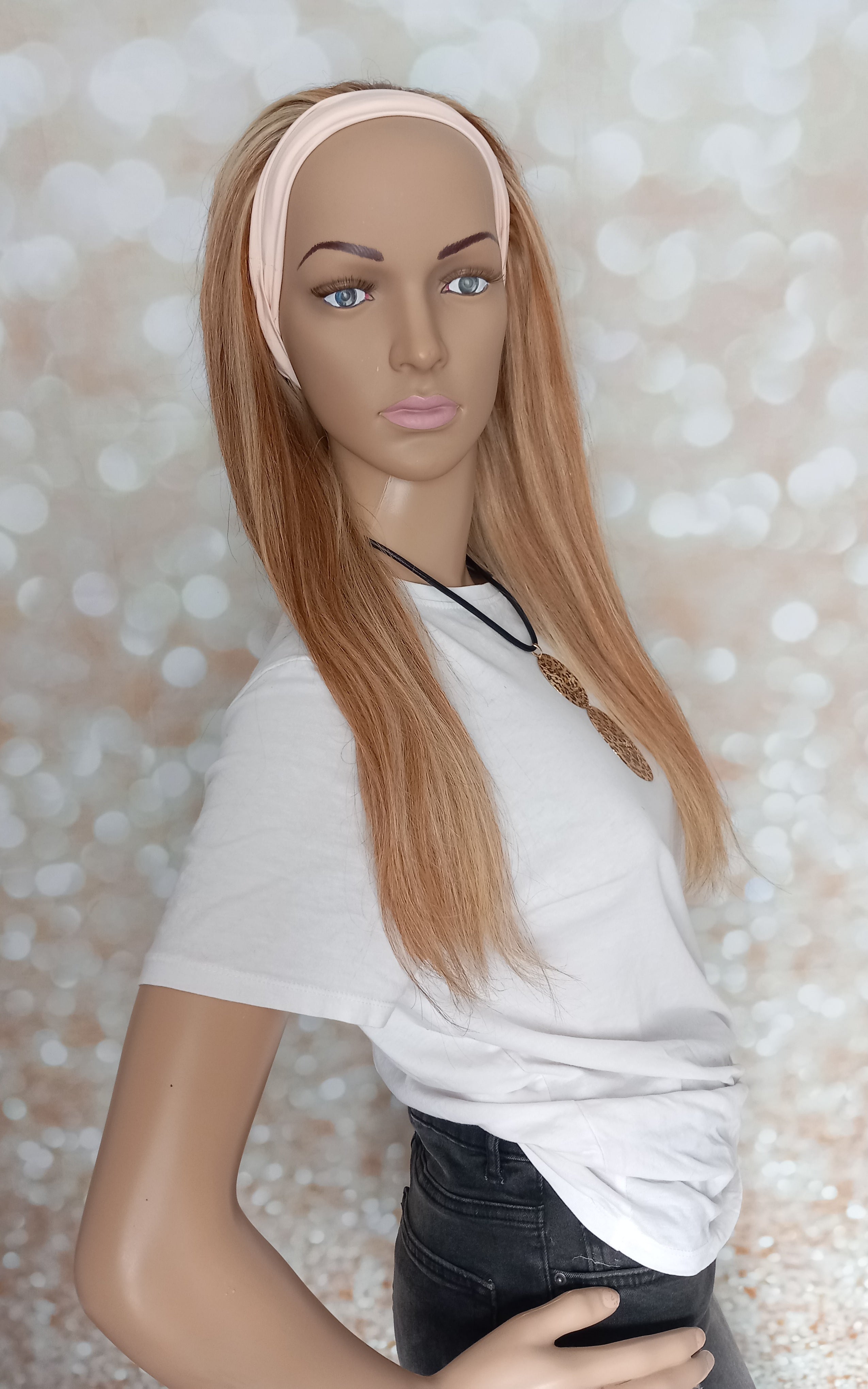 Ready to ship- Khloe Human hair headband wig, band fall, 8/613 blonde mix, 18 inches long, straight