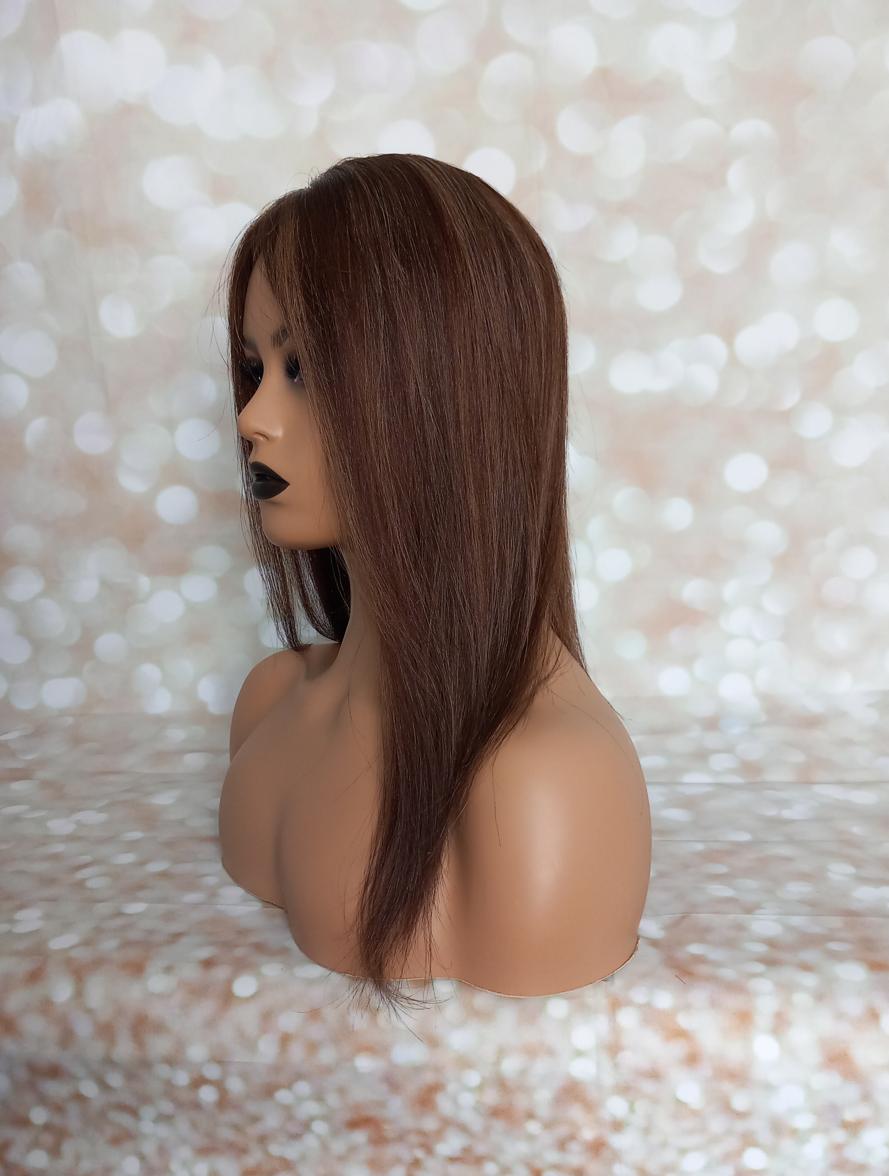 Ready to ship - Bella quality human hair topper, silk and weft base, lace front, 16 inches long, mocha balayage