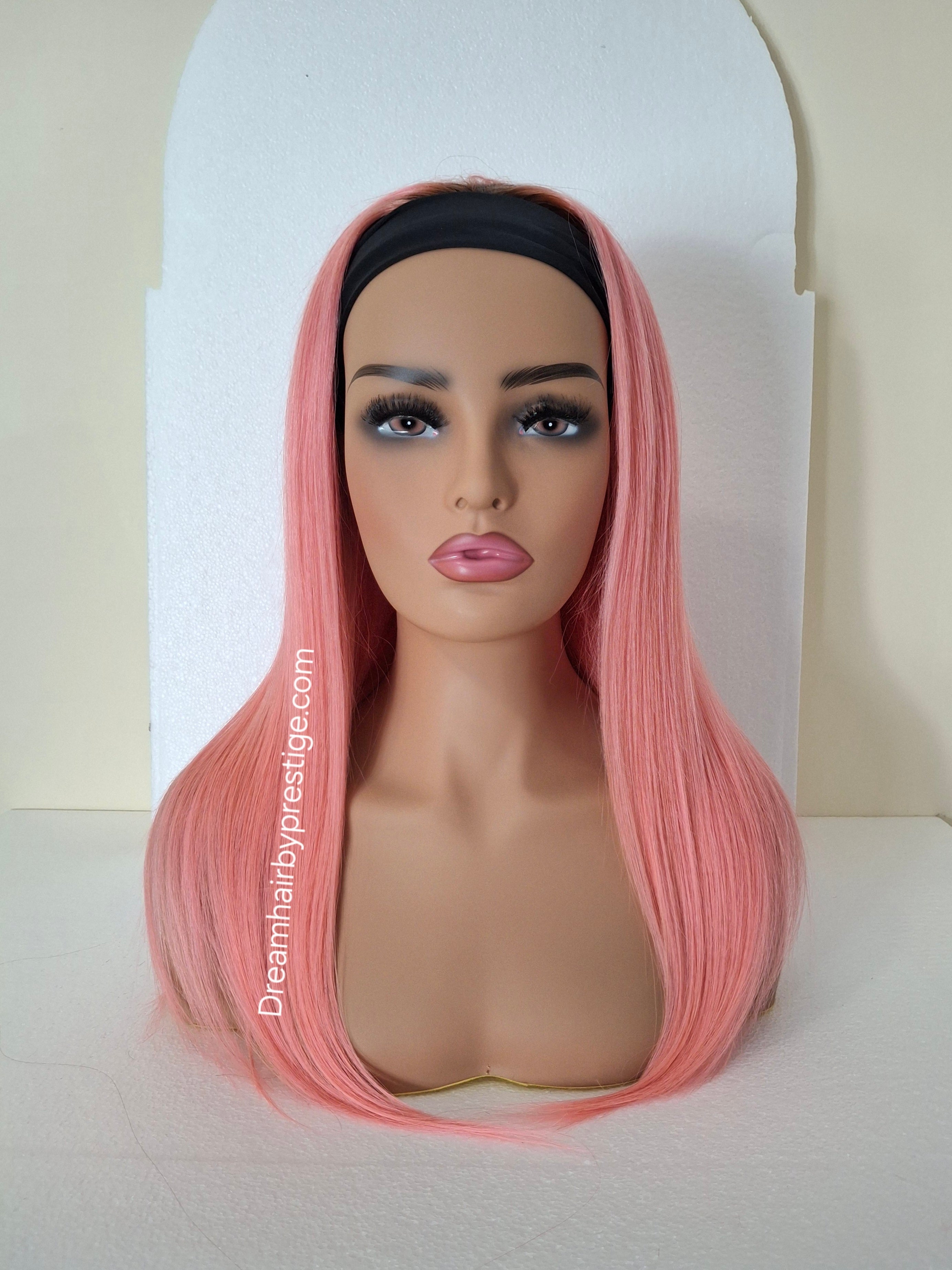 Vibe Human hair headband wig, band fall, pink with dark root, 18 inches long, straight