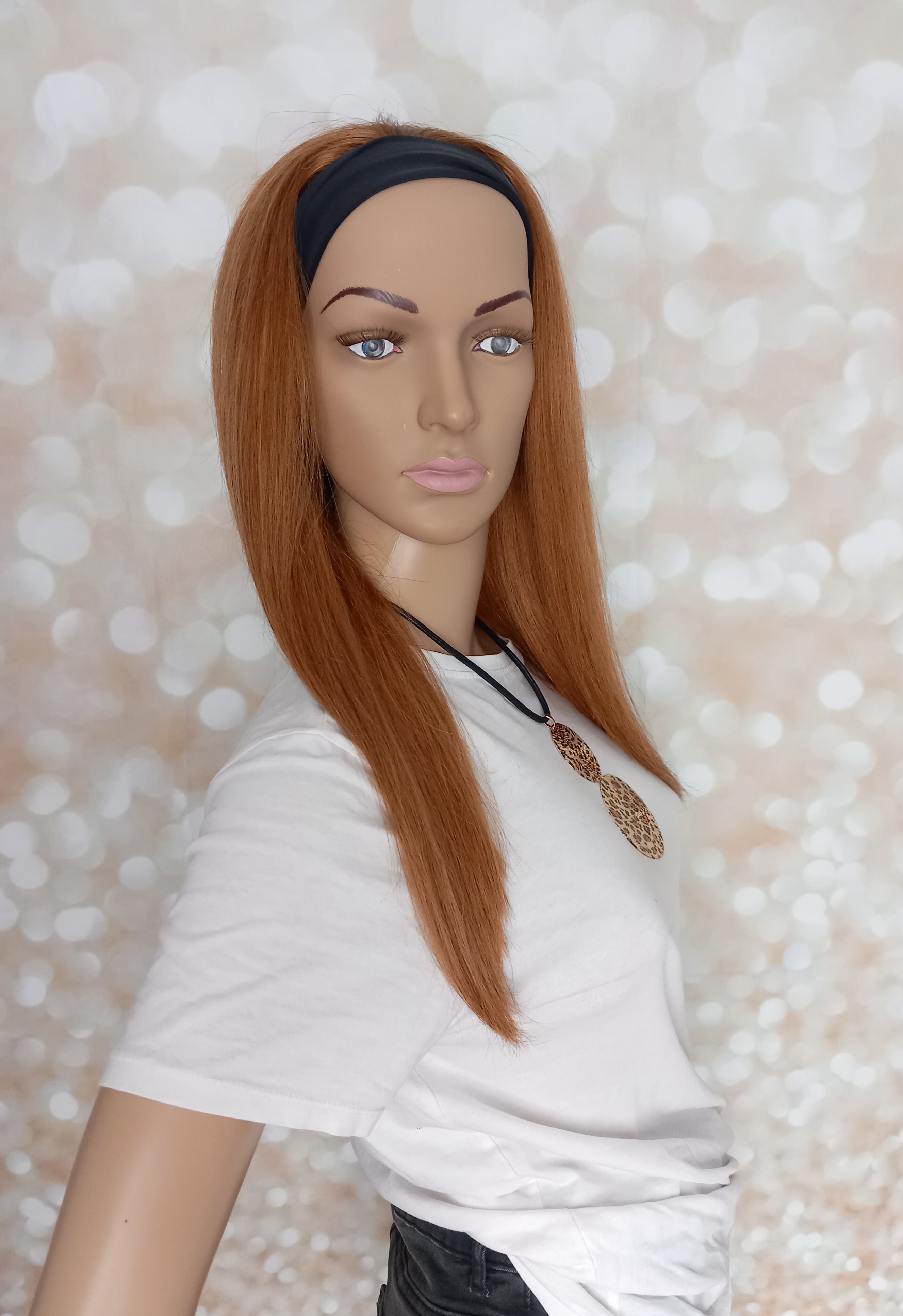 Ready to ship- Khloe Human hair headband wig, band fall, auburn brown, 16 inches long, straight