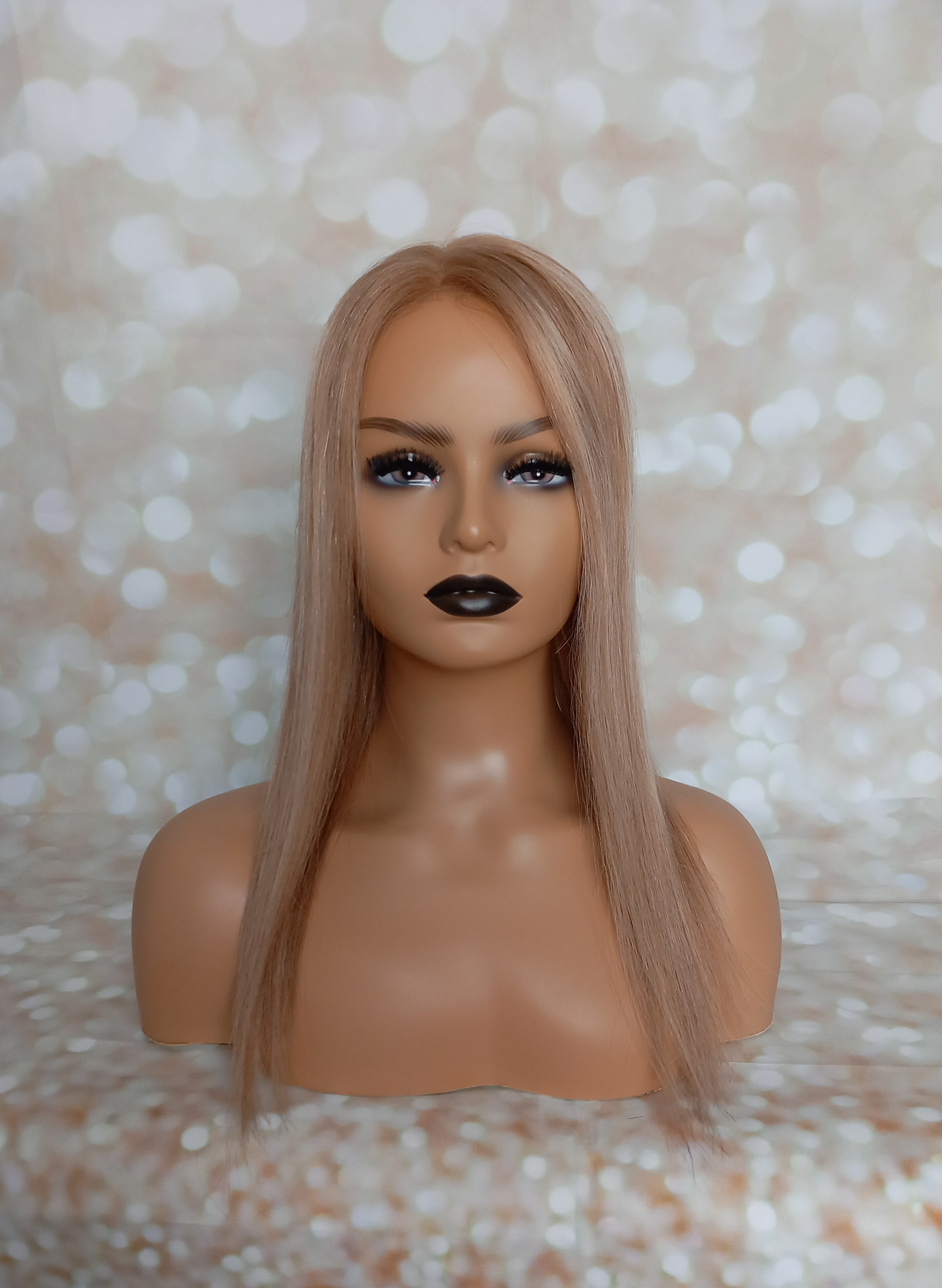 Ready to ship - Bella human hair topper, silk and weft base, lace front, 16 inches long, 8/16/60 creme caramel