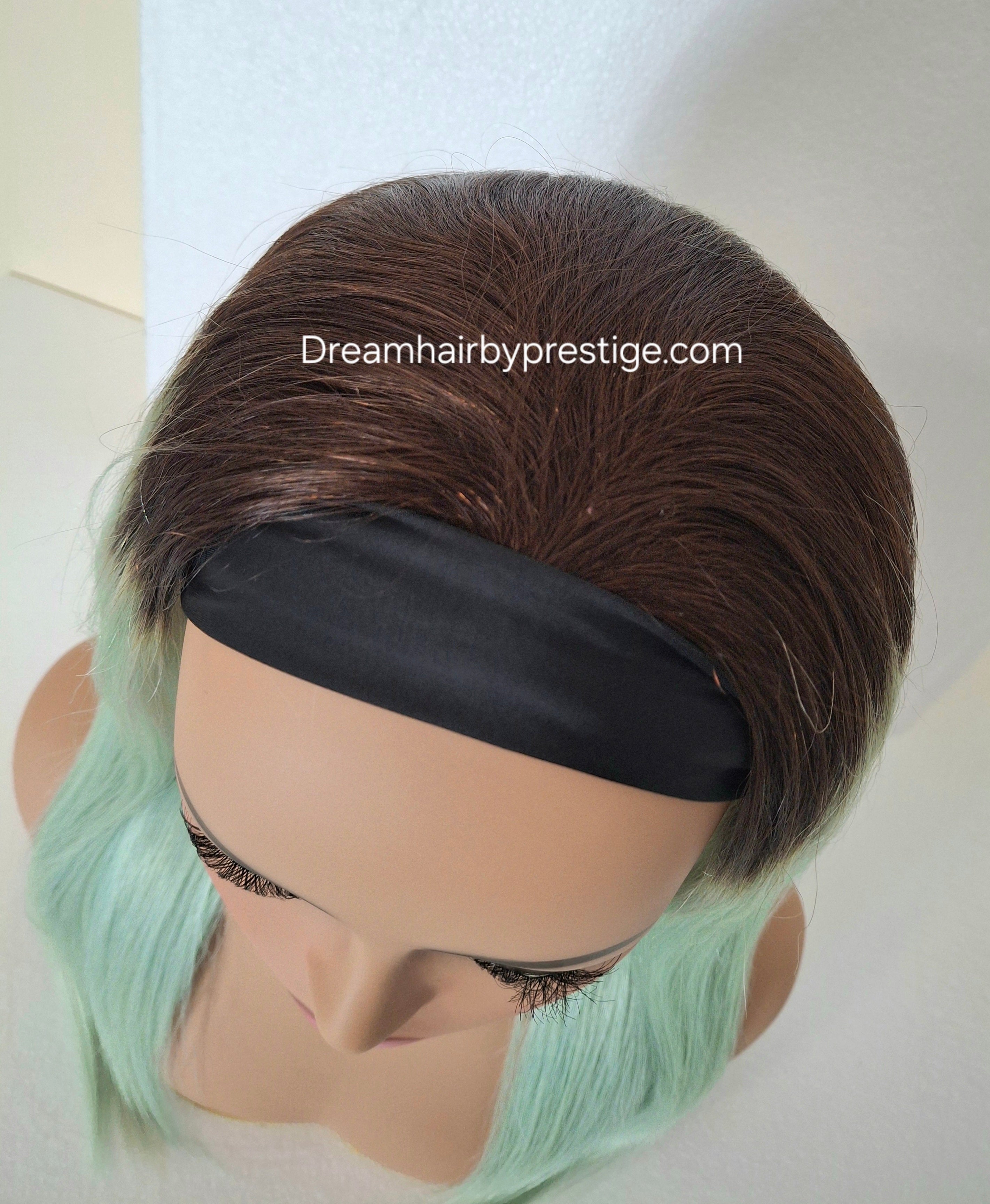 Vibe Human hair headband wig, band fall, mint with dark root, 18 inches long, straight