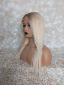 Ready to ship -Human hair wig, lightest blonde, light root, lace closure, medium cap, 18 inches long