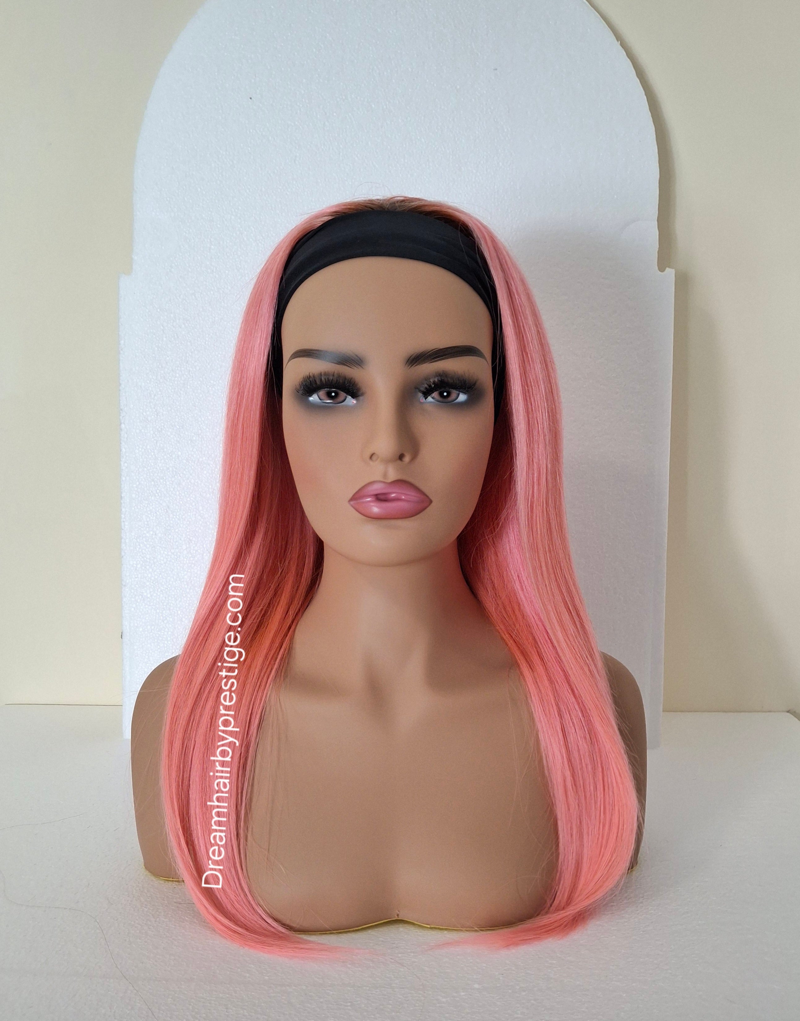 Vibe Human hair headband wig, band fall, pink with dark root, 18 inches long, straight