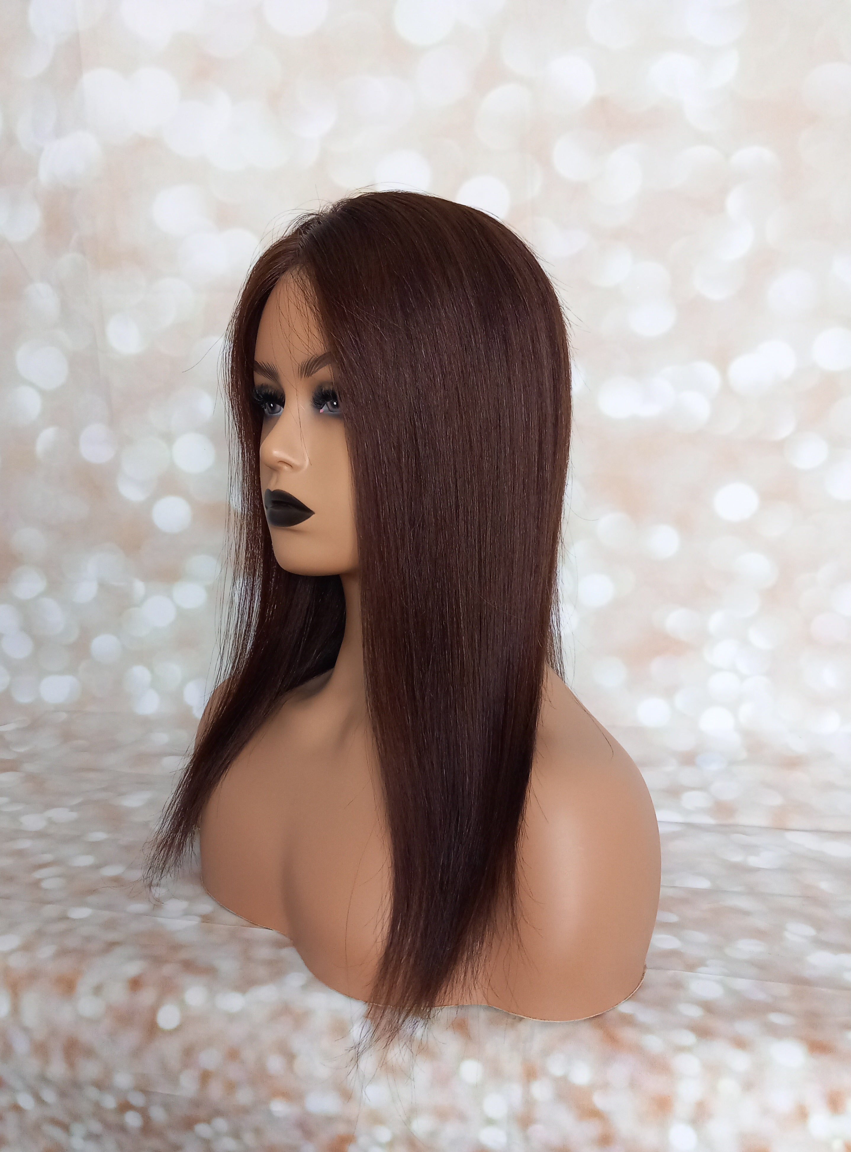 Ready to ship - Bella human hair topper, silk and weft base, lace front, 16 inches long, dark chocolate
