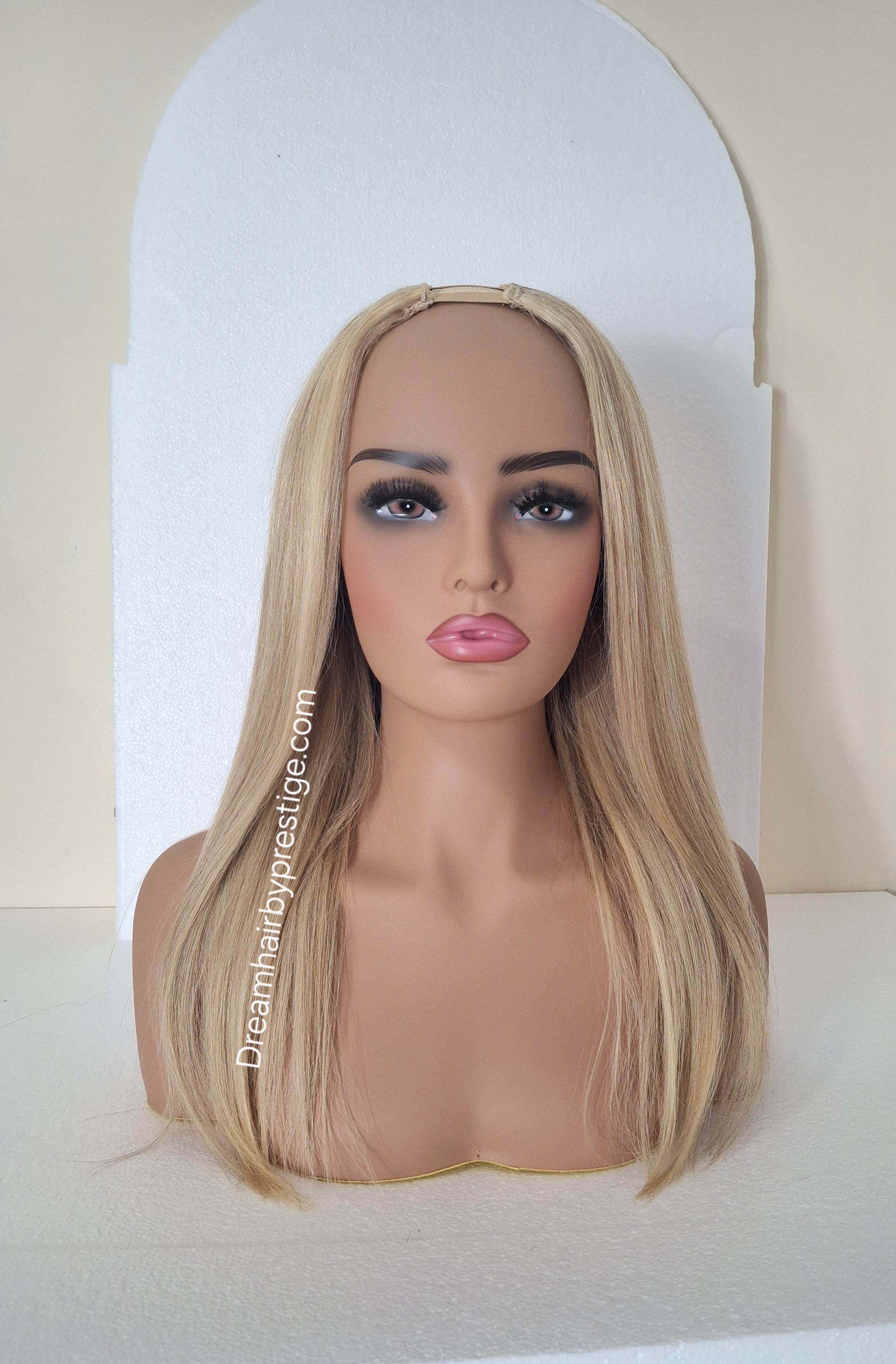 Grace U part wig, ash blonde light blonde, 18 inches long, Medium size