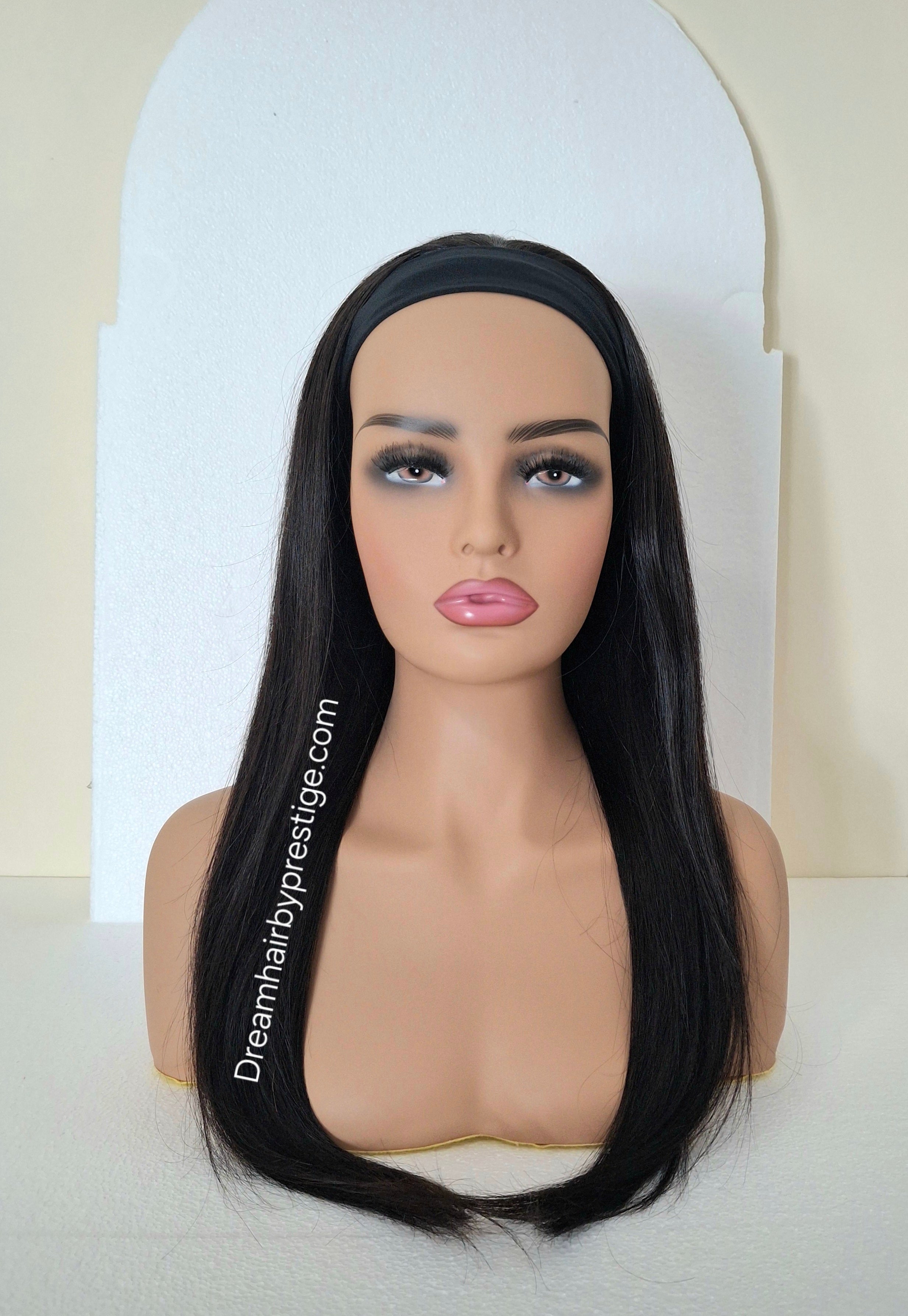 Vibe Human hair headband wig, band fall, soft black 18 inches long, straight