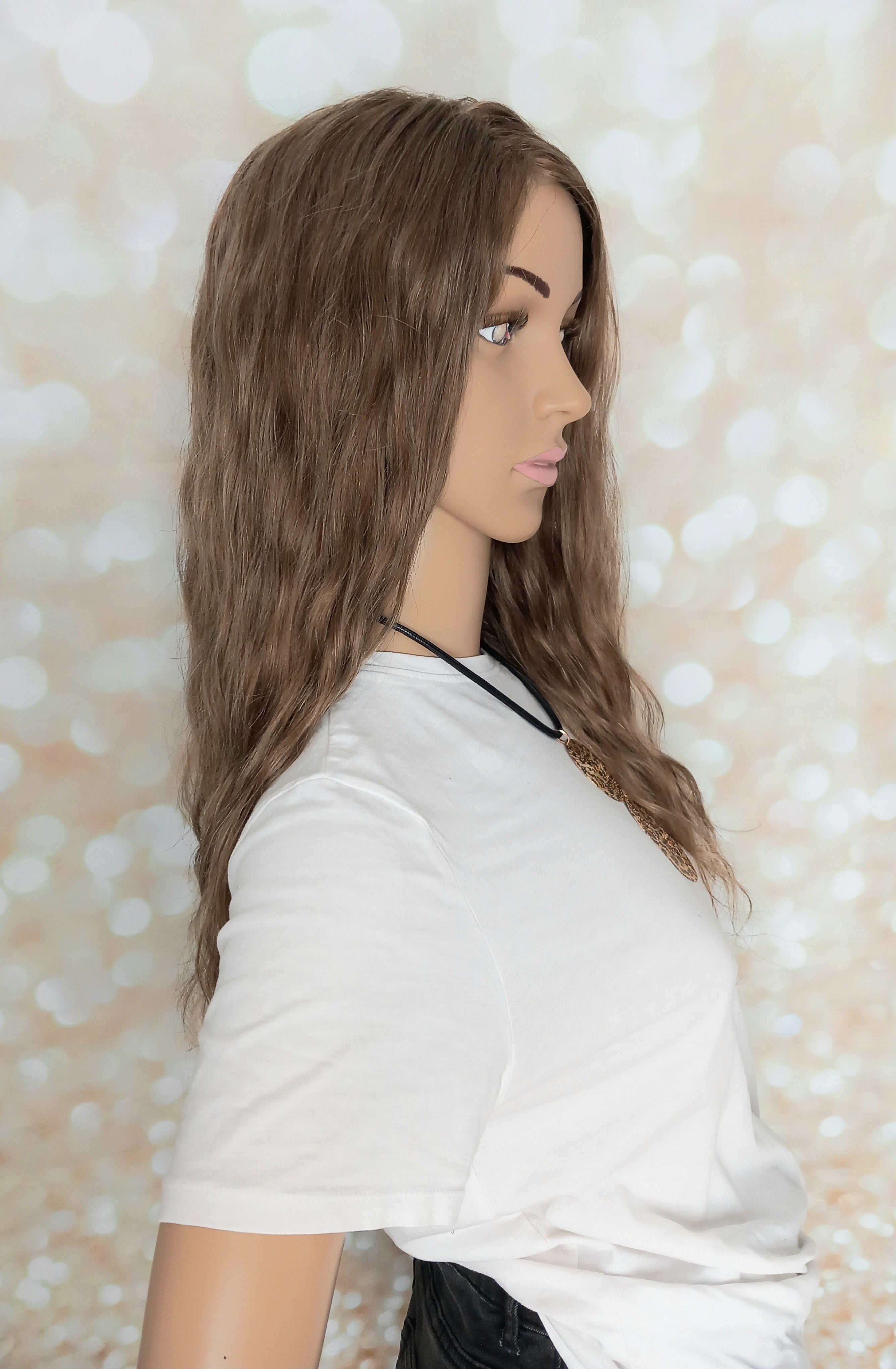 Ready to ship- medical wig, hand tied Silk and lace base with PU outer, small/petite human hair wig, natural ash brown