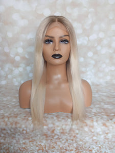 Ready to ship -Human hair wig, lightest blonde, light root, lace closure, medium cap, 18 inches long