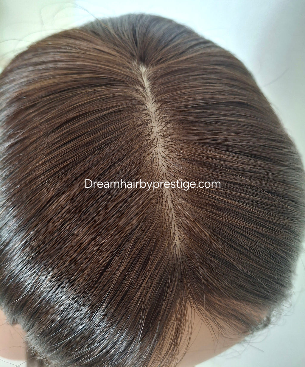 Ready to ship - Bella human hair topper, silk and weft base, lace front, 16 inches long, dark chocolate