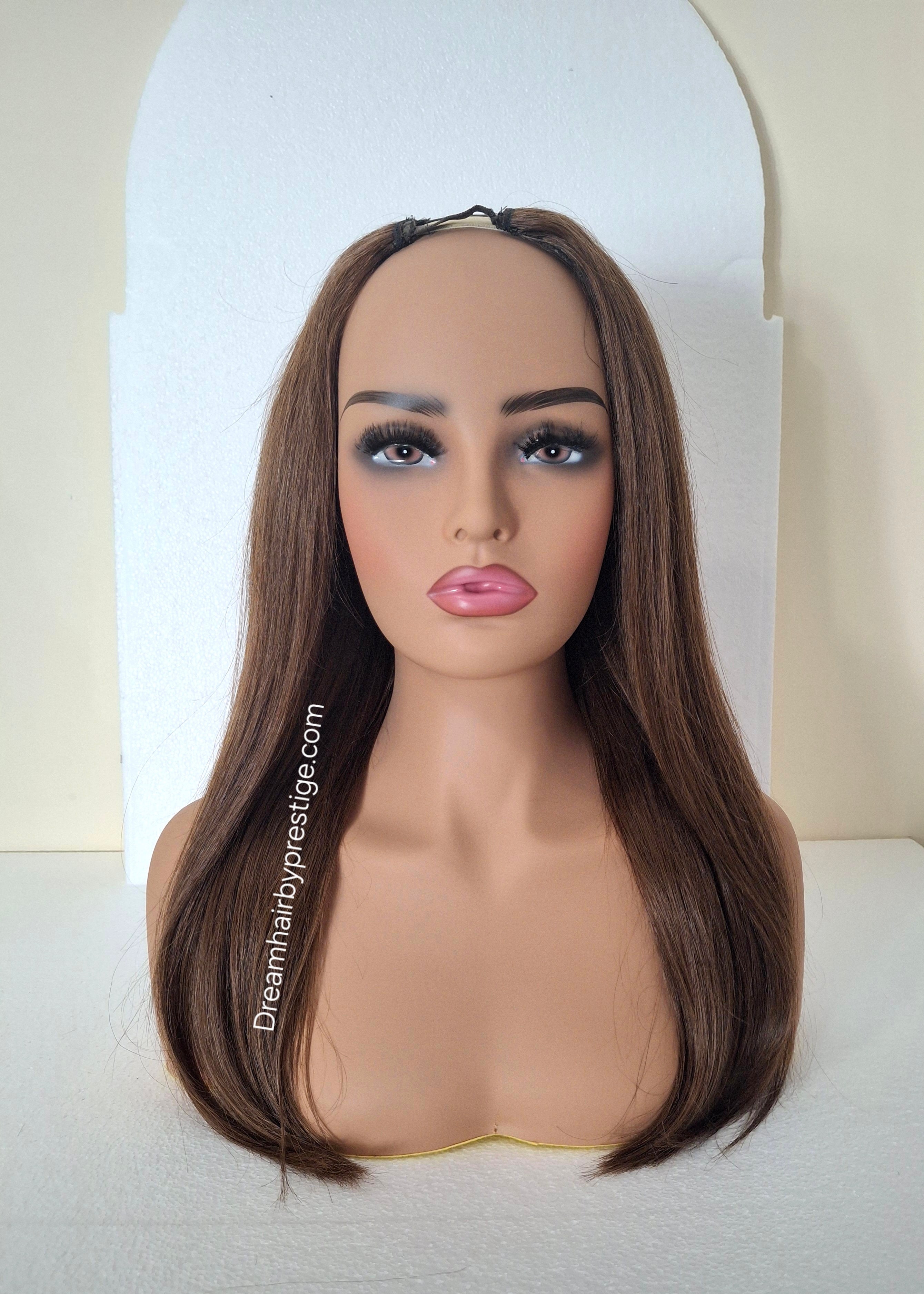 Grace U part wig, dark brown, 18 inches long, Medium size