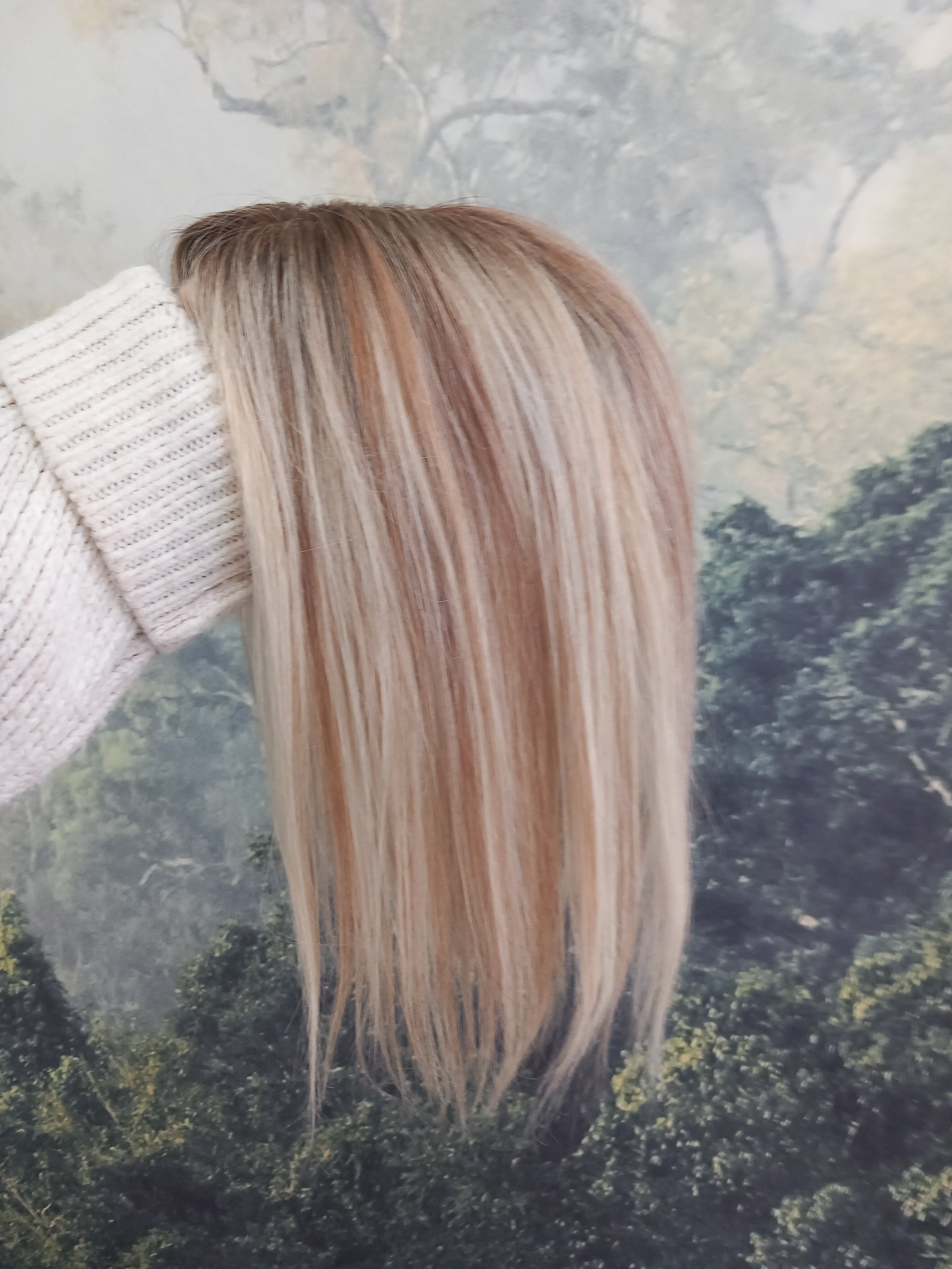 Ready to ship- Mila silk base human hair topper, 12 inches long, light blonde/ medium brown with root