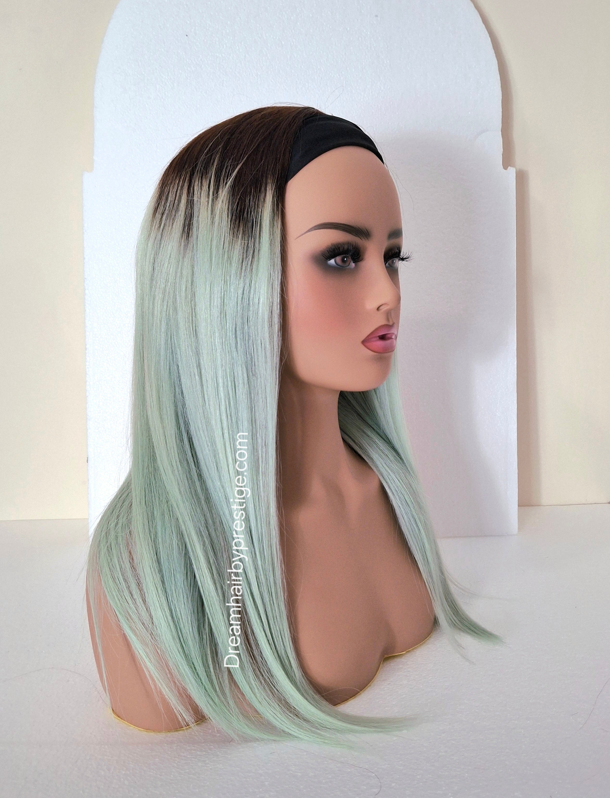 Vibe Human hair headband wig, band fall, mint with dark root, 18 inches long, straight