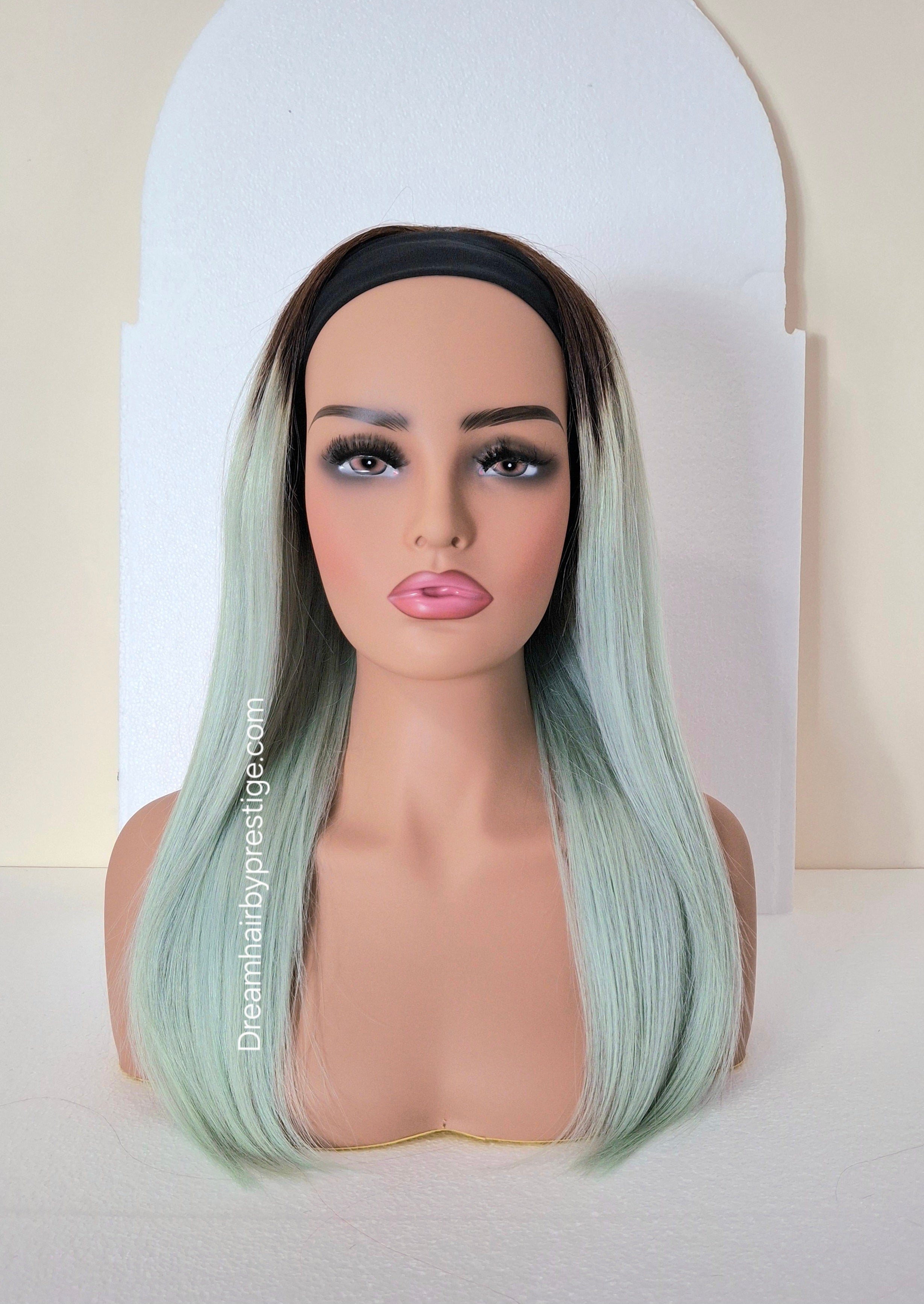 Vibe Human hair headband wig, band fall, mint with dark root, 18 inches long, straight