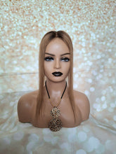 Load image into Gallery viewer, Ready to ship- parting topper, human hair, silk base, clip in, 6 medium brown with root, 16 inches long