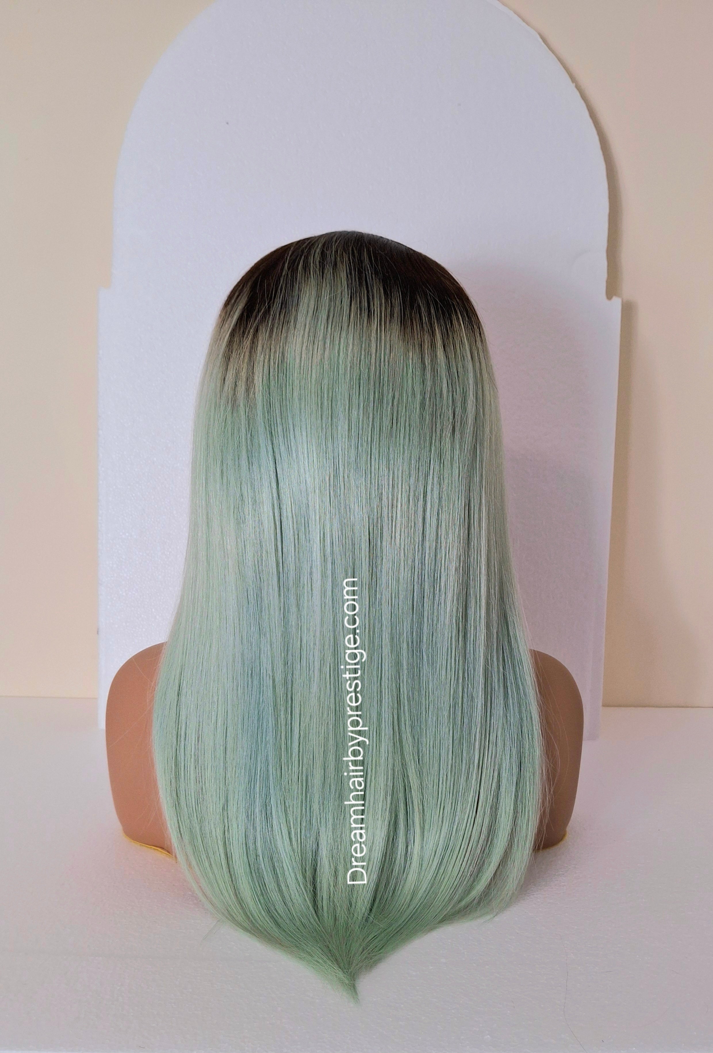 Vibe Human hair headband wig, band fall, mint with dark root, 18 inches long, straight