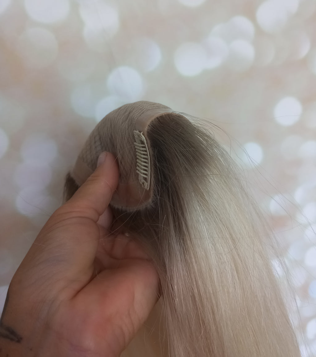 Ready to ship- Silk base topper , lightest blonde with light root, 5x6 inch, 18 inches long