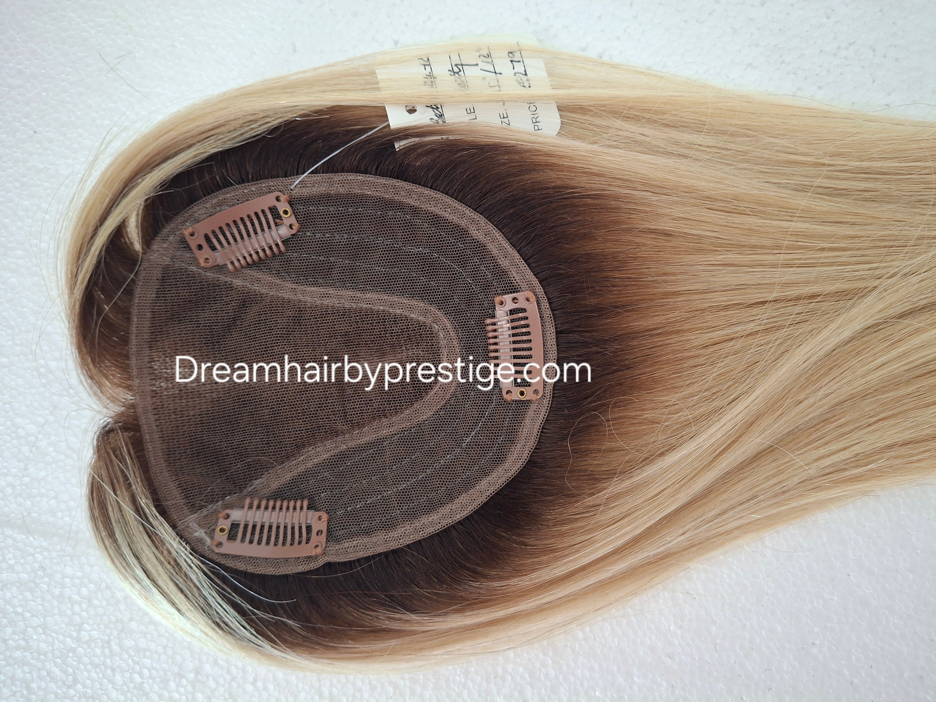 Betty- Lace and weft base human hair topper, 12 inches long, honey blonde dark root