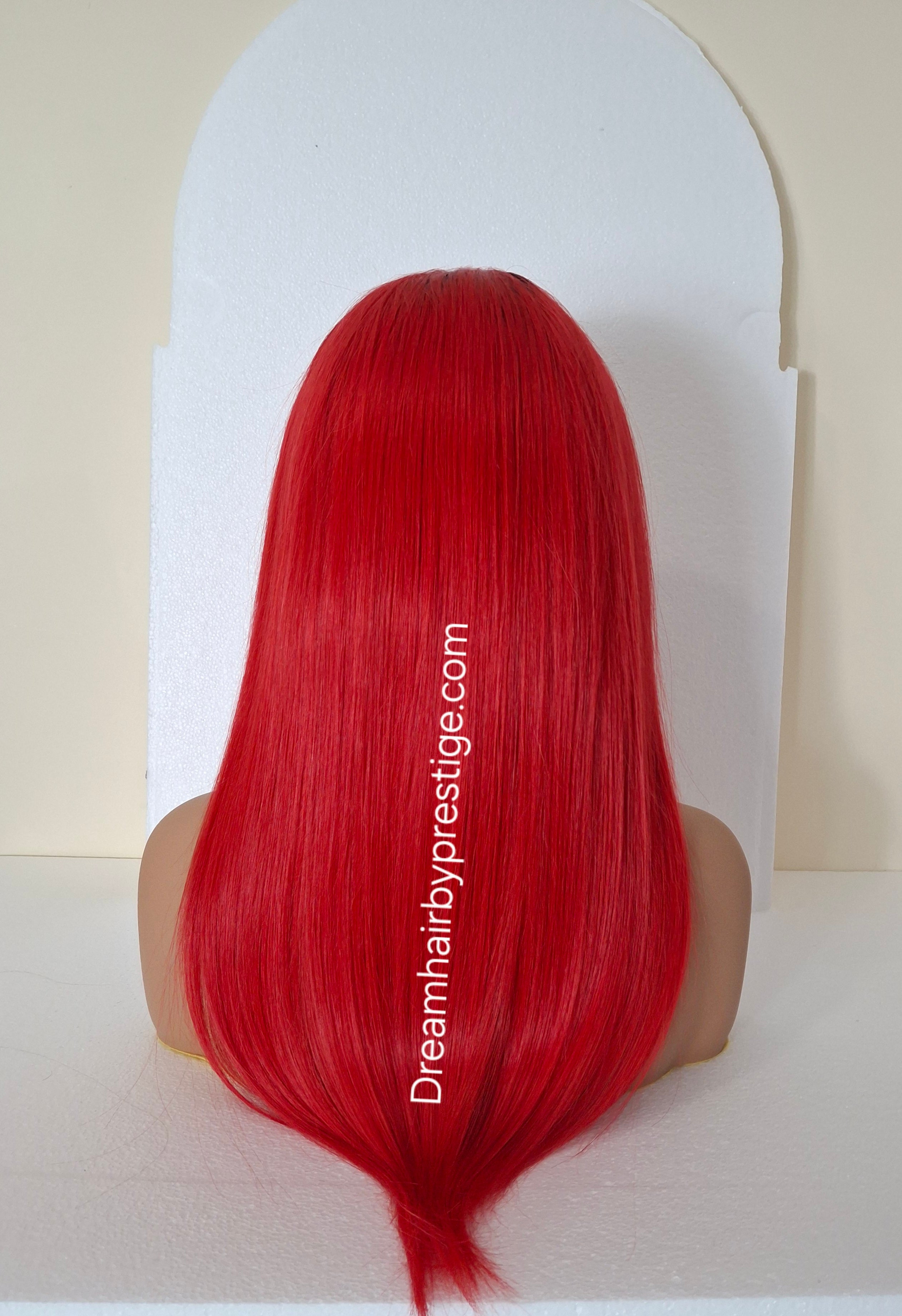 Vibe Human hair headband wig, band fall, red with dark root, 18 inches long, straight