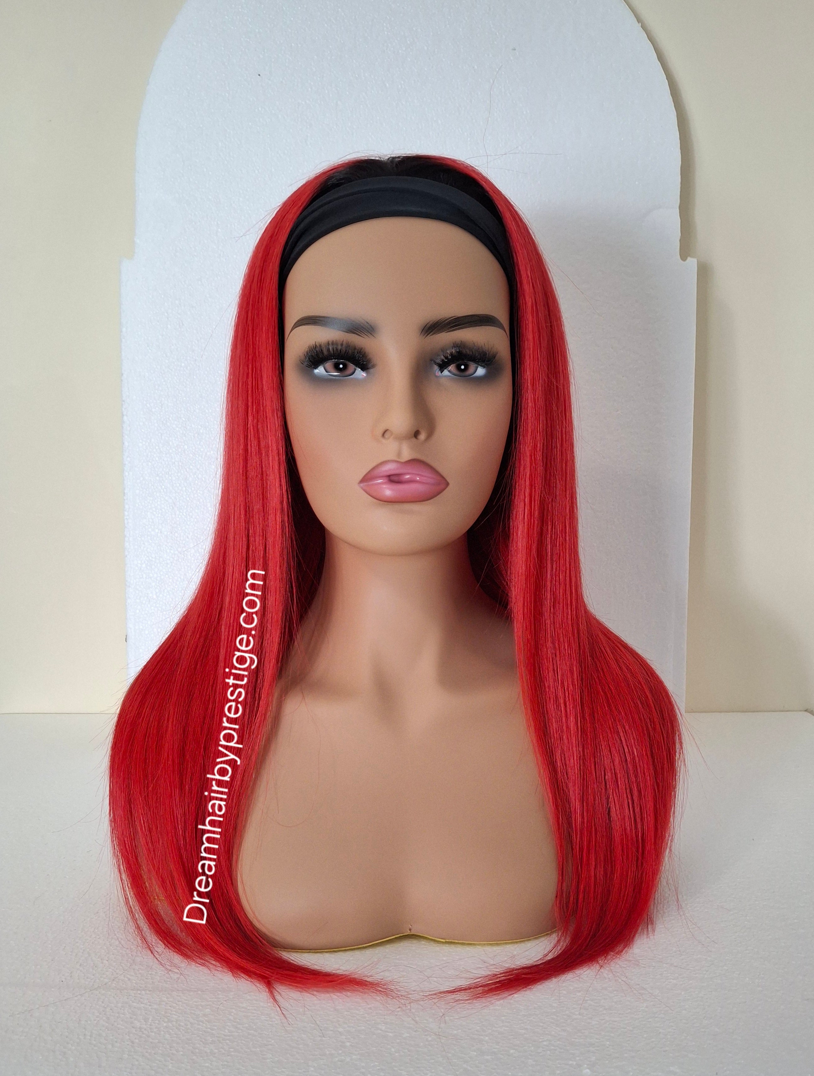 Vibe Human hair headband wig, band fall, red with dark root, 18 inches long, straight