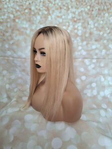 Ready to ship- Silk base topper , ash blonde/ light blonde with light root, 5x6 inch, 18 inches long