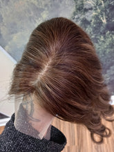 Load image into Gallery viewer, Clearance- Ready to ship - human hair topper, silk and weft base, dark brown with caramel highlights , 20 inches long