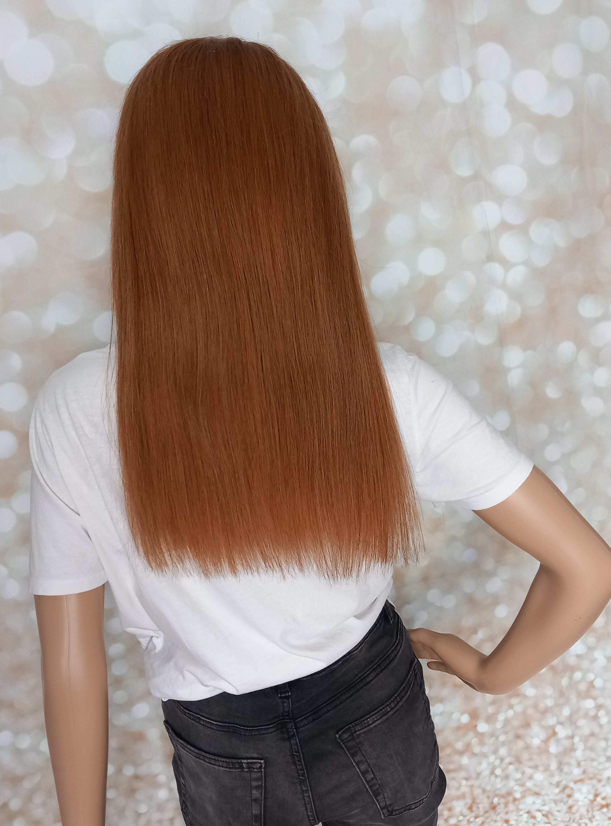 Ready to ship- Khloe Human hair headband wig, band fall, auburn brown, 16 inches long, straight