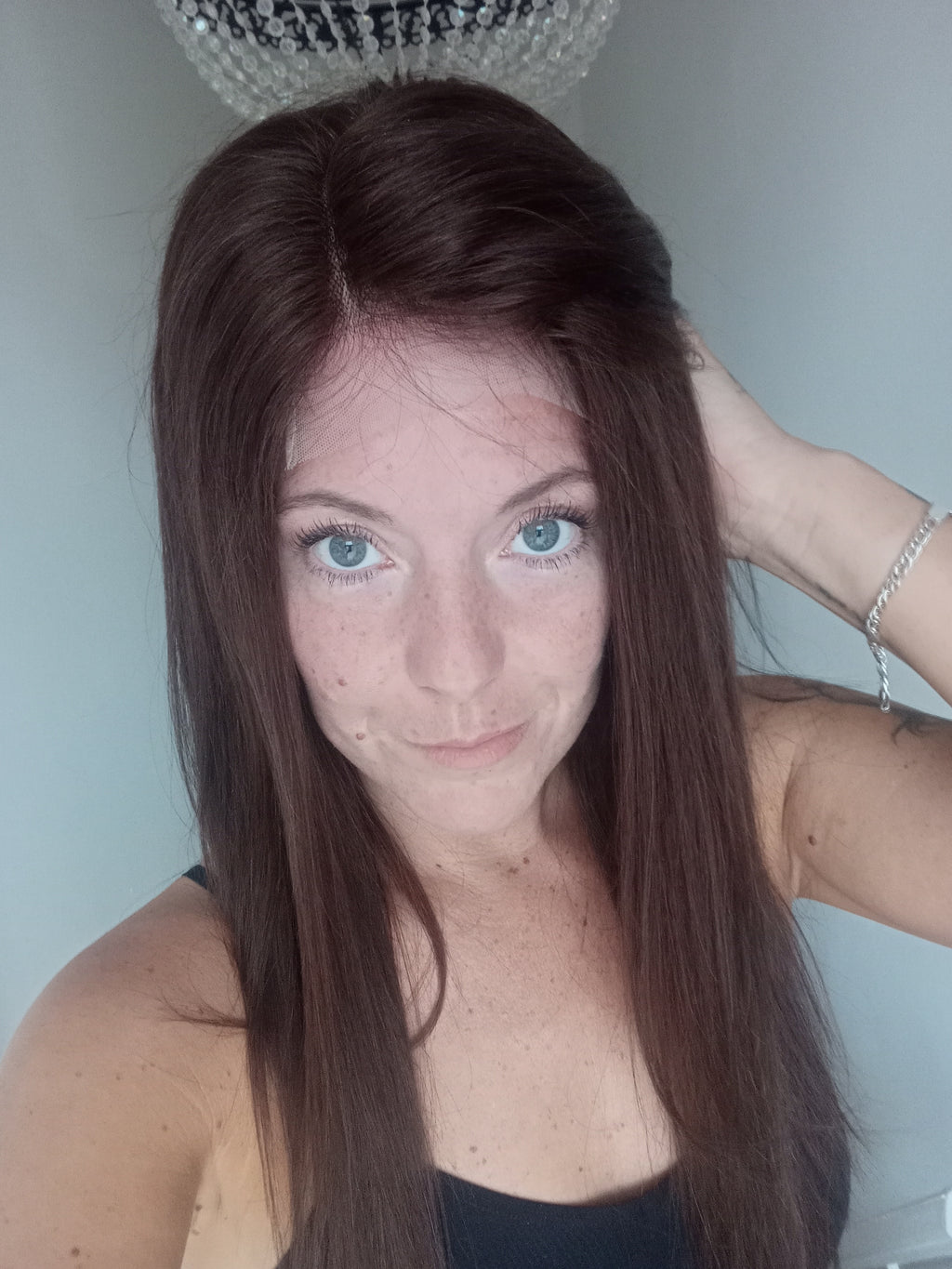 Liquidation- Expédition immédiate- Perruque de cheveux humains, brun foncé, fermeture en dentelle, couleur 4