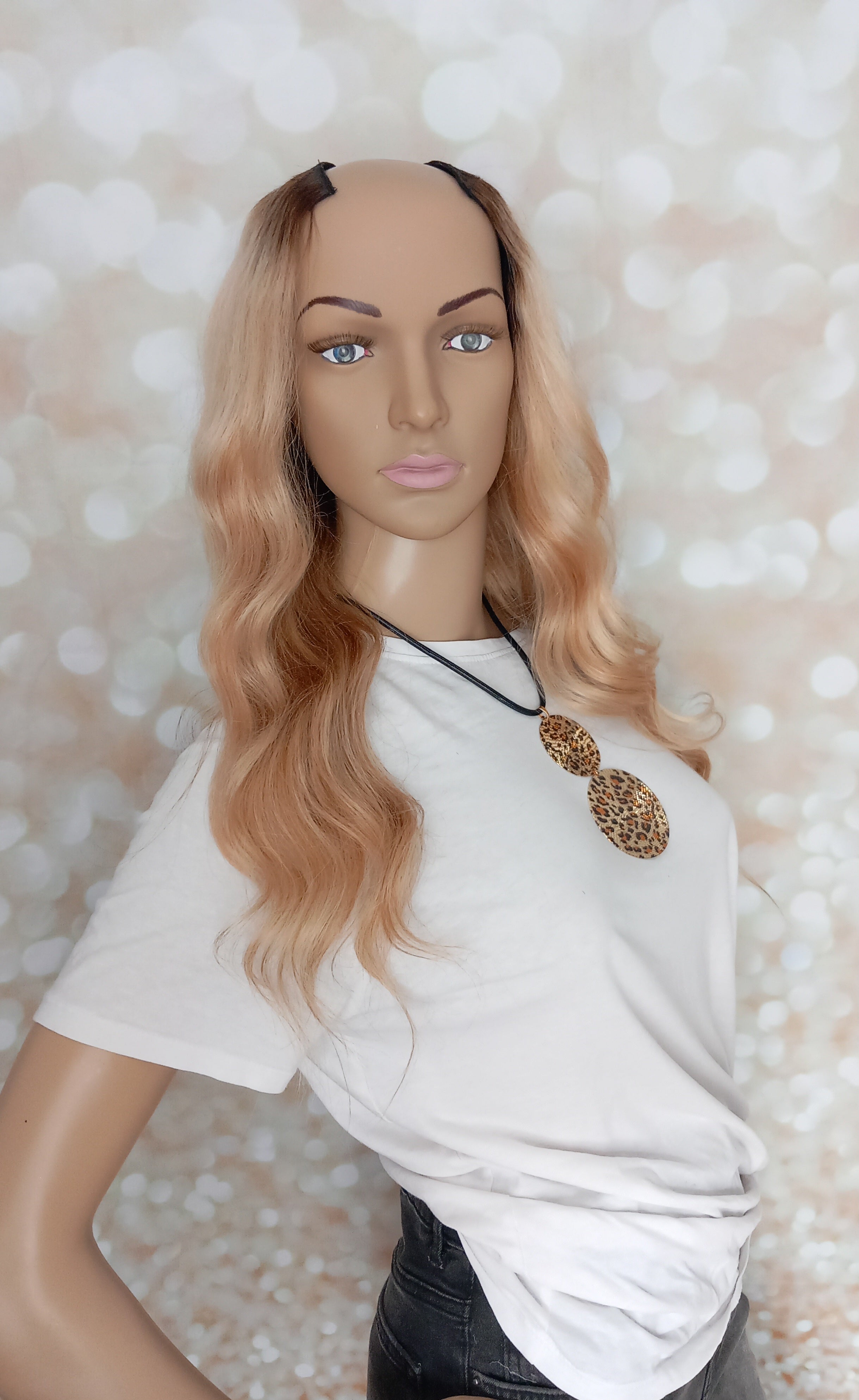 Clearance - Ready to ship- Human hair U part wig, #18/613/22/8-ash/light/ cream blonde/auburn brown- 16 inches long, small