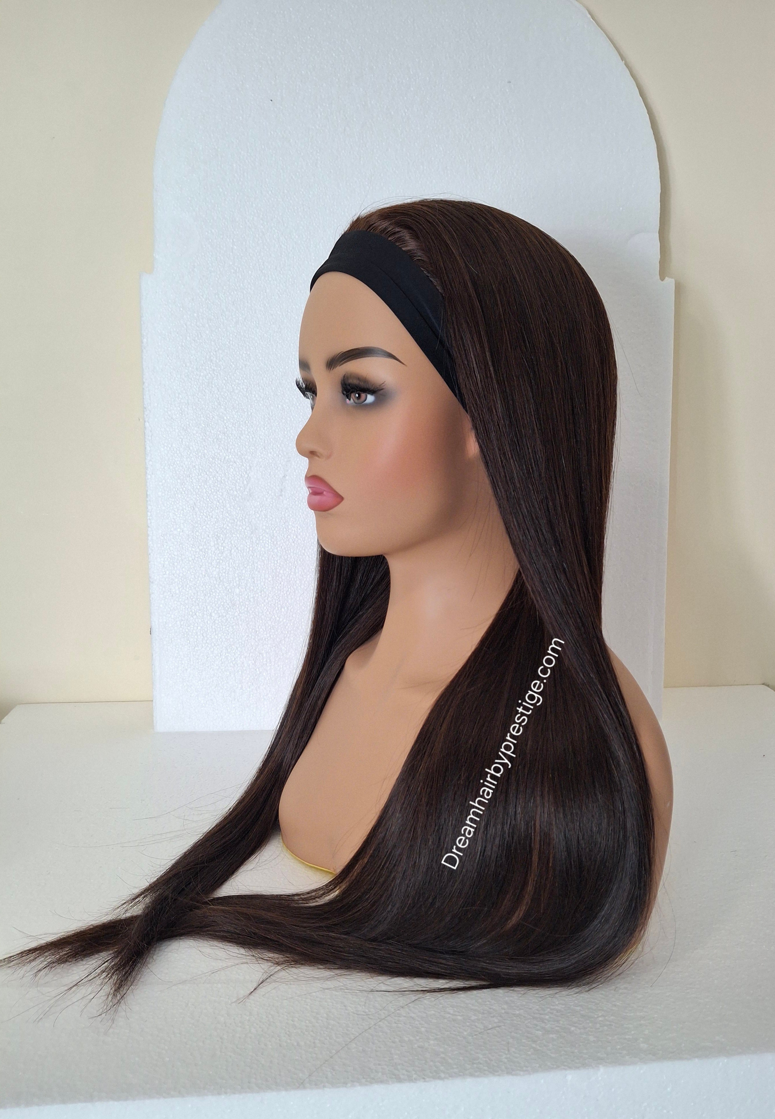 Vibe Deluxe Human hair headband wig, band fall, darkest brown almost black, 24 inches long, straight
