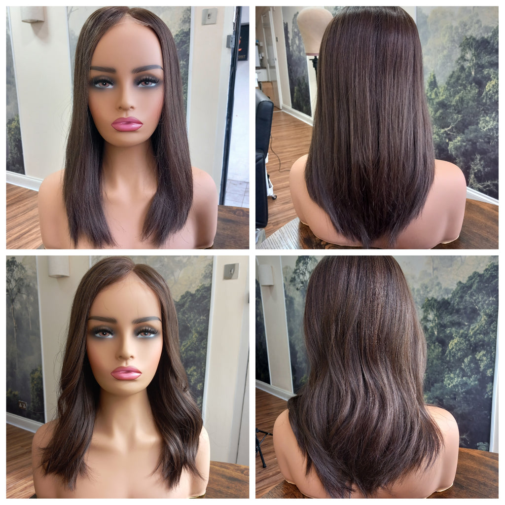 Ready to ship - Callie human hair topper, lace and weft base, lace front, 14 inches long, #2a- bitter chocolate