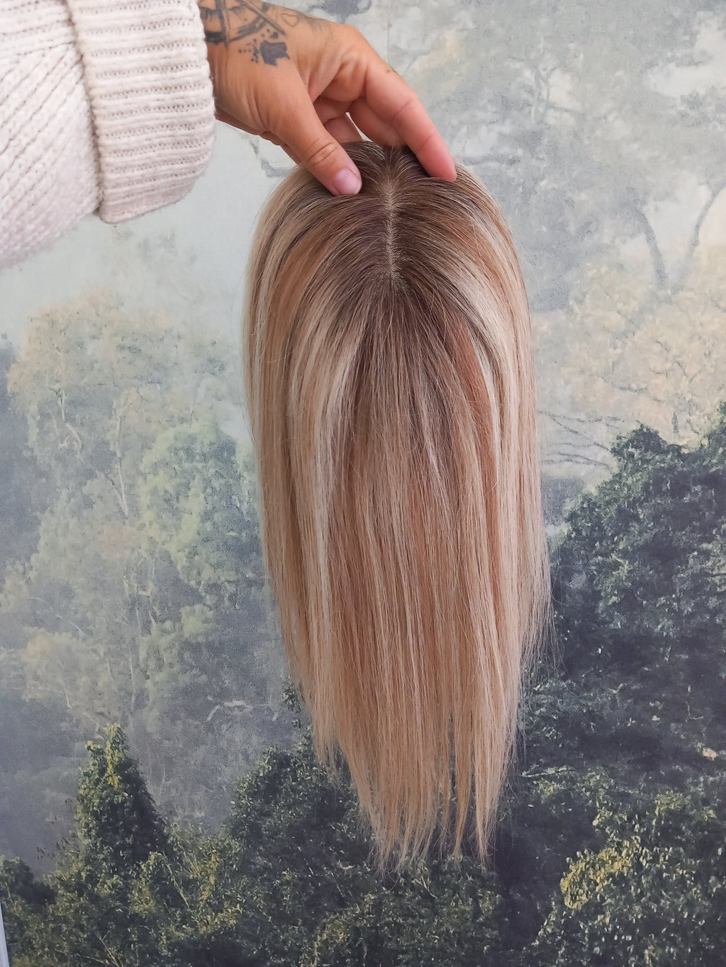 Ready to ship- Mila silk base human hair topper, 12 inches long, light blonde/ medium brown with root