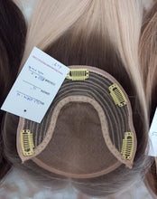 Load image into Gallery viewer, Ready to ship - human hair topper, silk and weft base, lace front, 16 inches long, light blonde light root