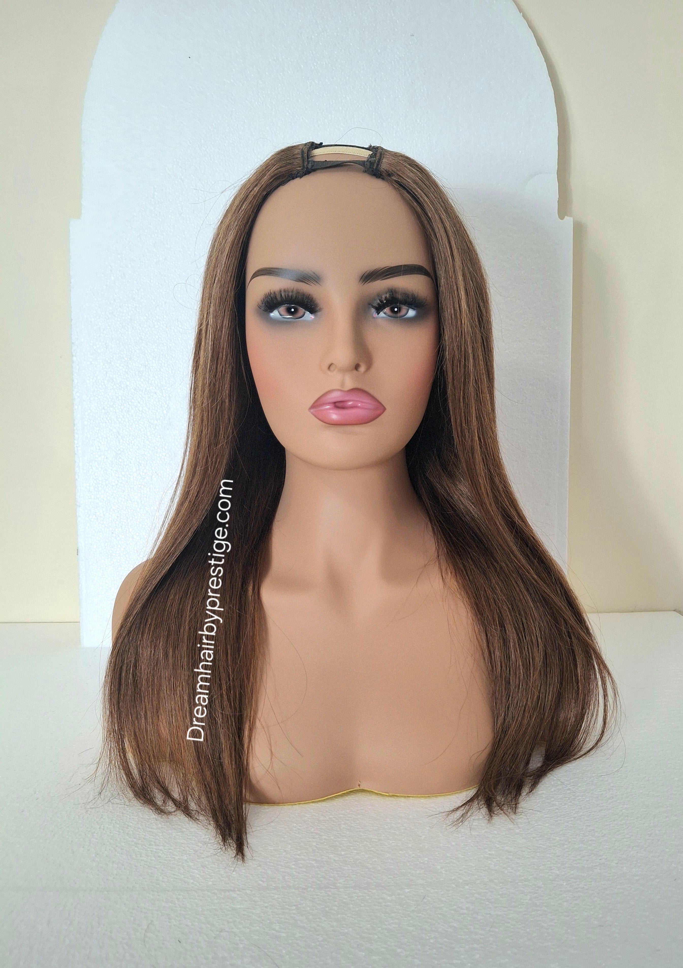 Grace U part wig, mid brown, 18 inches long, Medium size