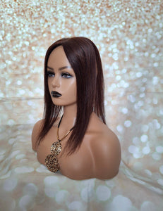 Ready to ship- silk base human hair topper, 14 inches long, 2- darkest warm brown