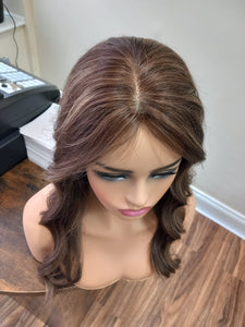 Clearance- Ready to ship - human hair topper, silk and weft base, dark brown with caramel highlights , 20 inches long