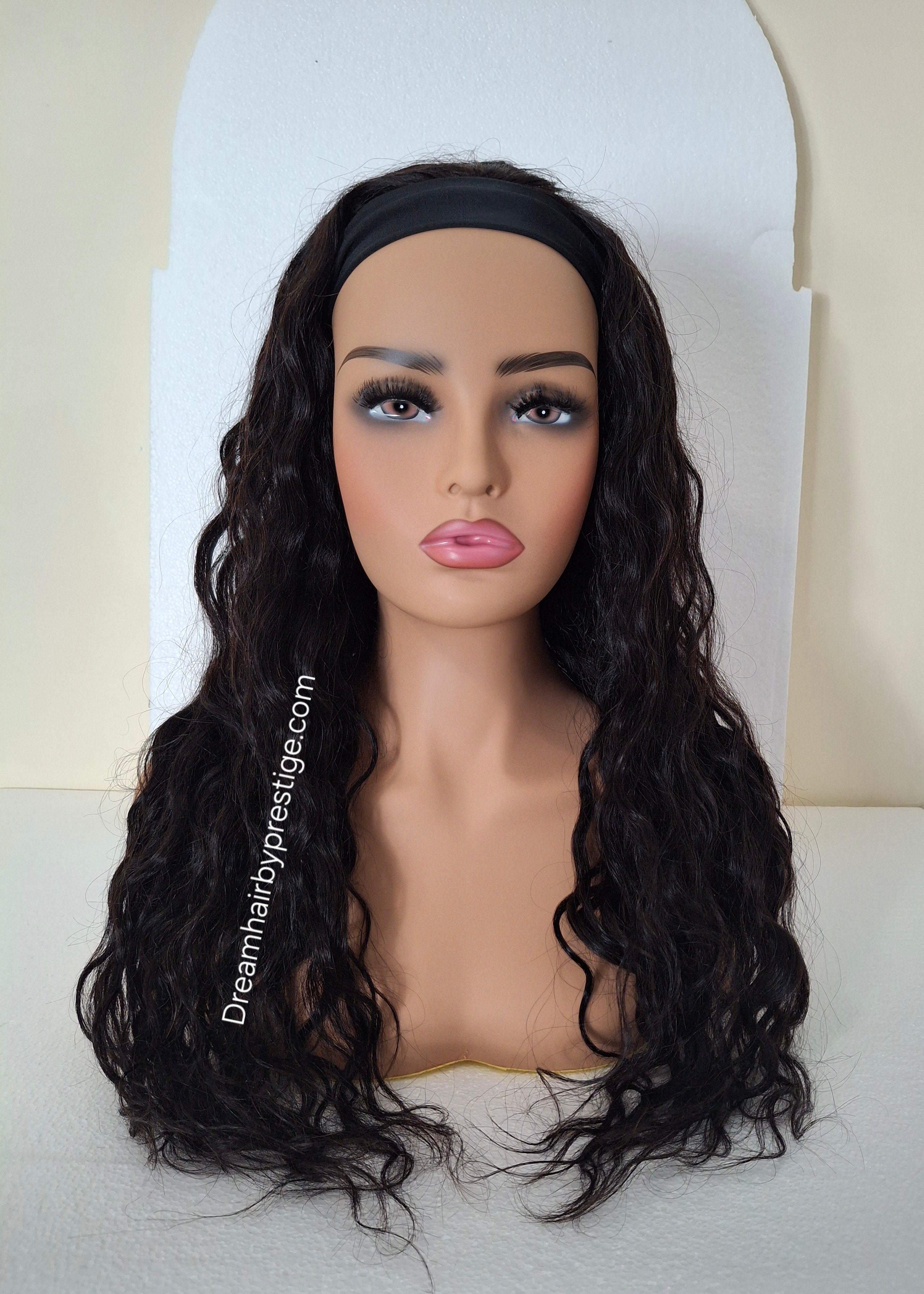 Vibe Human hair headband wig, band fall, soft black water wave 22 inches long, wavy, curly